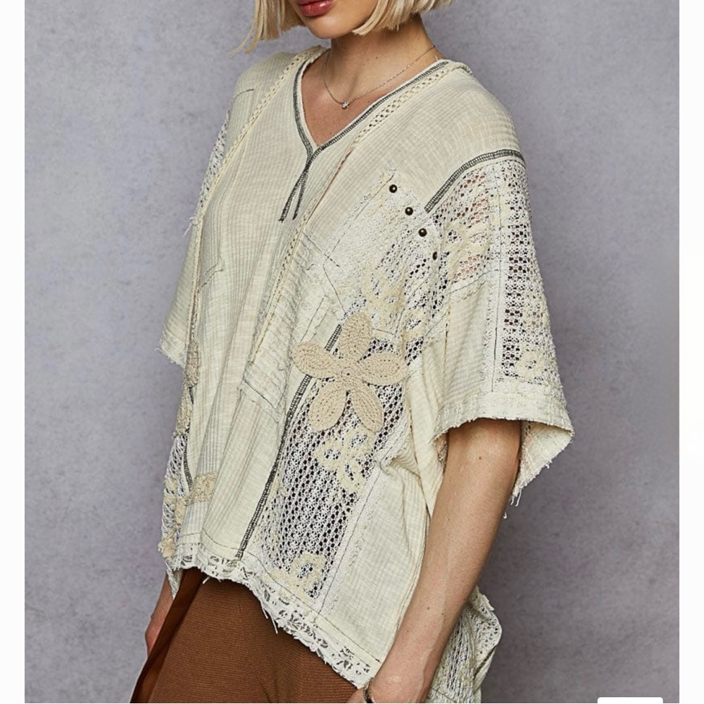 NEW -POL Cream Lace Crochet and Patchwork Hooded Top